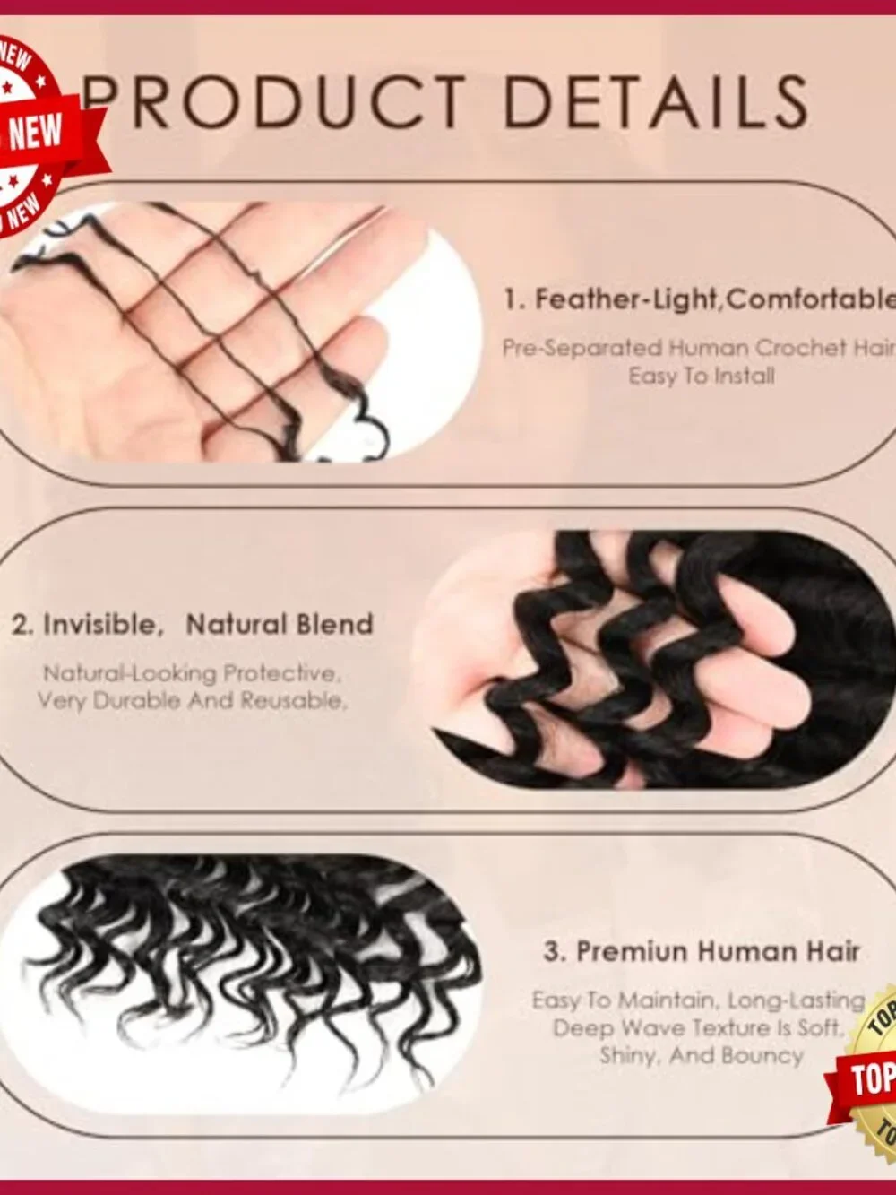 22 Inch Human Hair Crochet Extensions Deep Wave Pre-Separated 50g